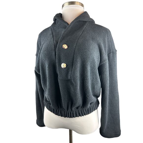 Free People x FP Beach Bino Pullover Button Crop Gathered Sweater Black Small - Picture 9 of 12